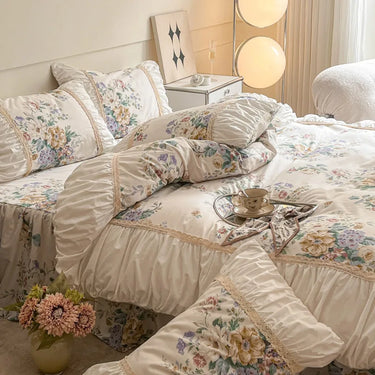Vintage French Florals 100% Cotton Bed Skirt Duvet Cover Bedding Set